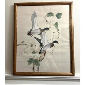 Vintage Signed Art Lamay Framed Art Print Flying Mallard Ducks Watercolor Oak AD